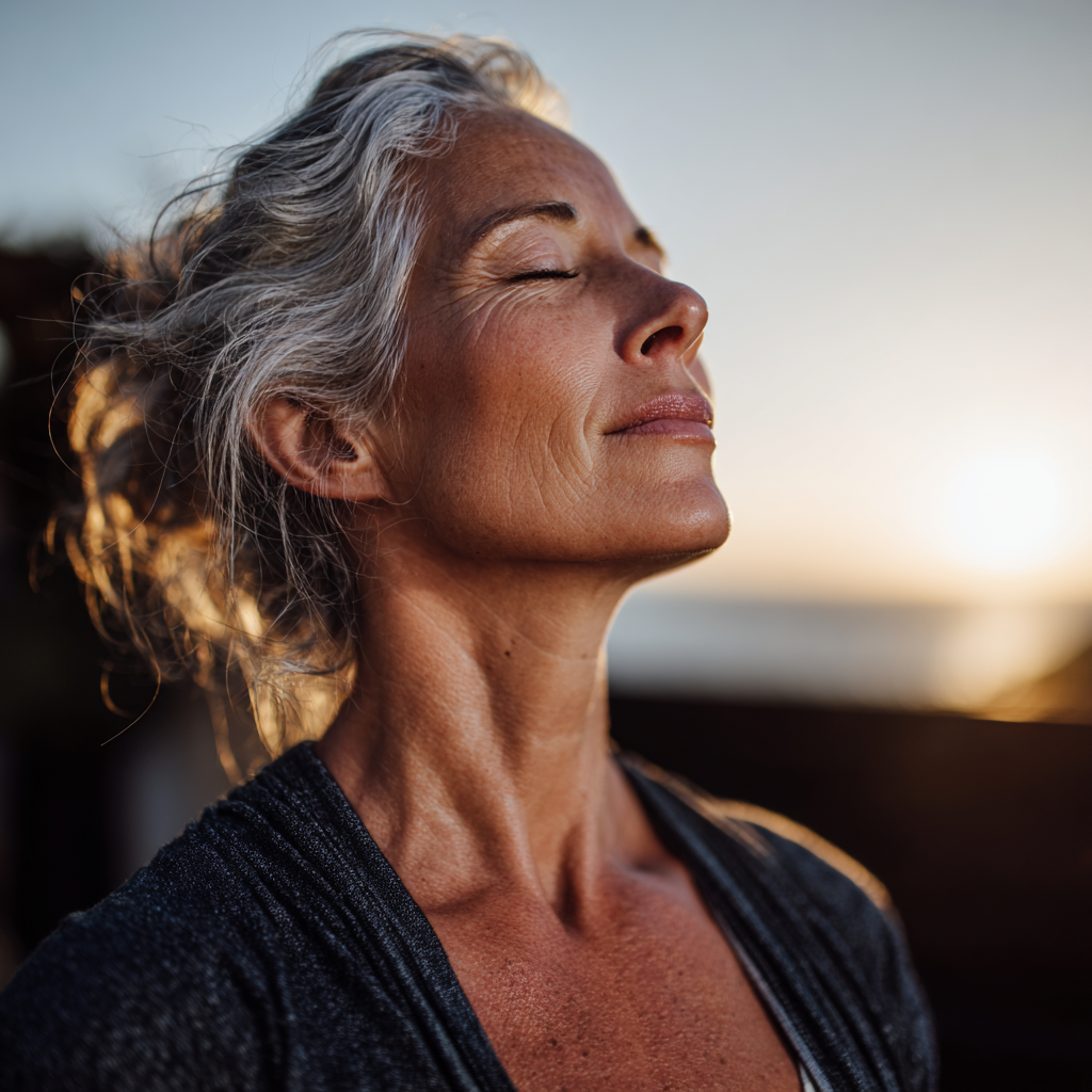 Mature woman practicing mindful yoga meditation in peaceful environment