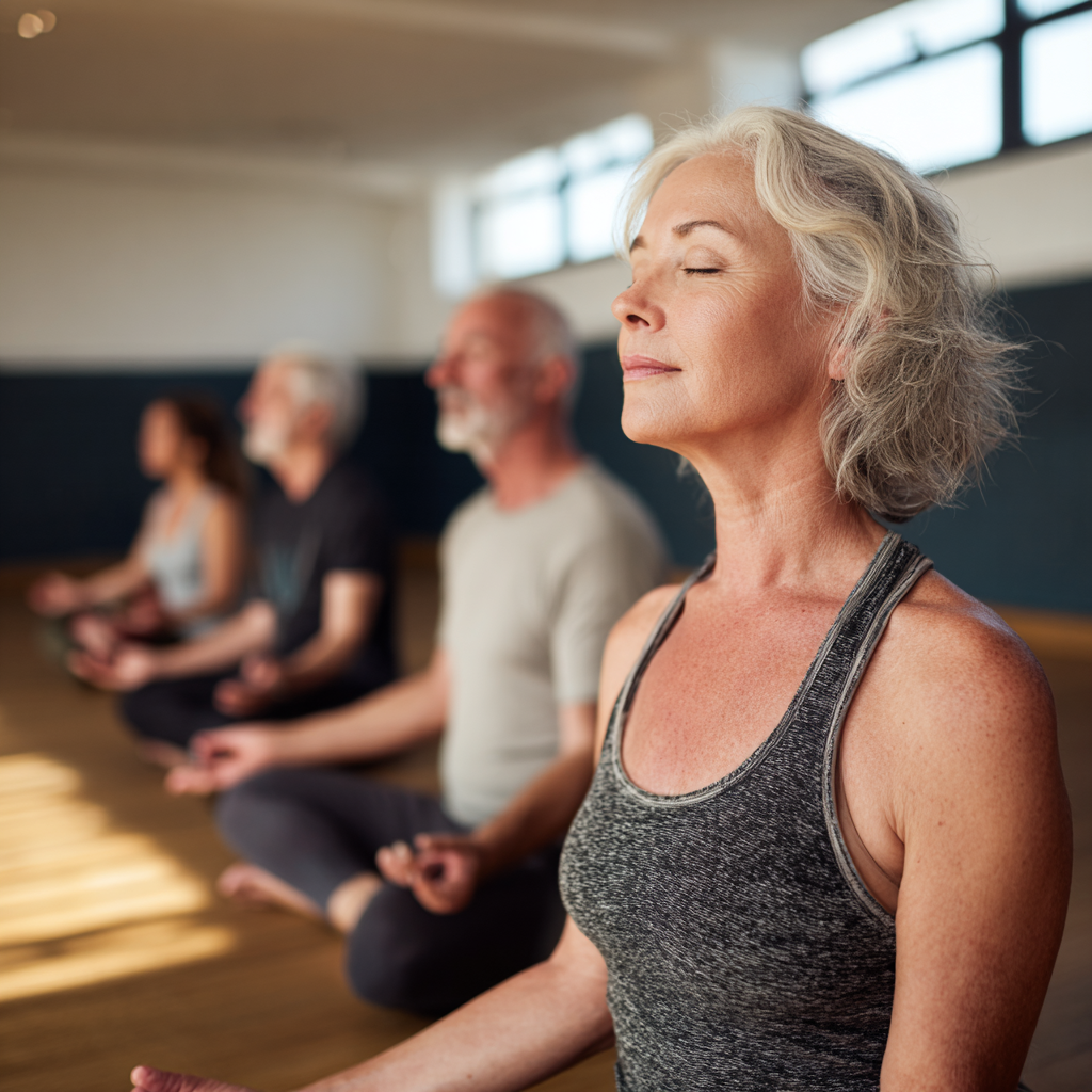Middle-aged adults participating in gentle yoga session in natural light studio